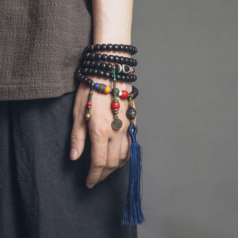 Buddha Stones 108 kralen Mala van ebbenhout, dzi-kralen, koperen Armband met kwastje - image 3
