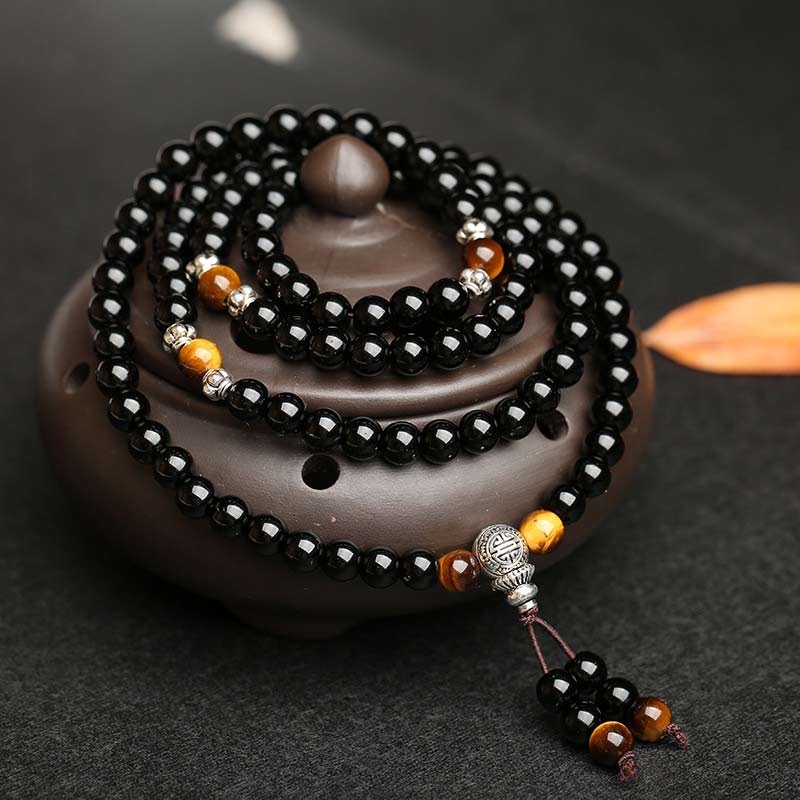 Buddha Stones Zwarte obsidiaan tijgeroog zegen Mala Armband - image 1