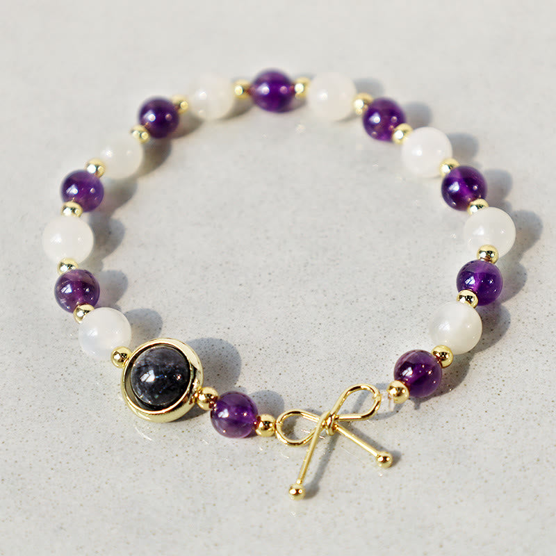 Buddha Stones Amethist kattenoog zwarte rutielkwarts spirituele Armband - Amethist & Kattenoog - image 0