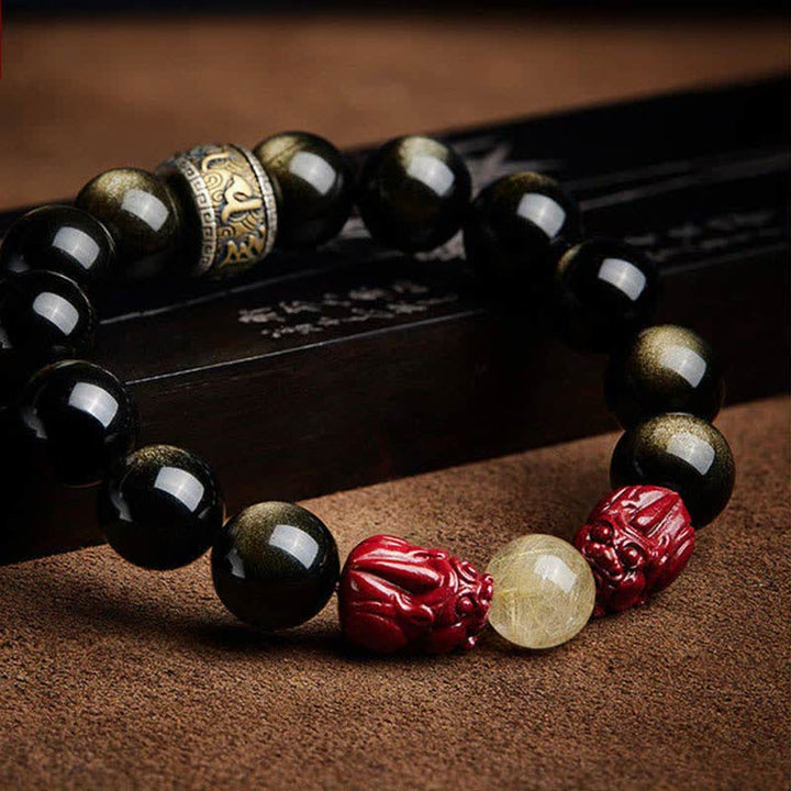 Buddha Stones Gouden glans obsidiaan PiXiu cinnaber Om Mani Padme Hum Armband - image 8