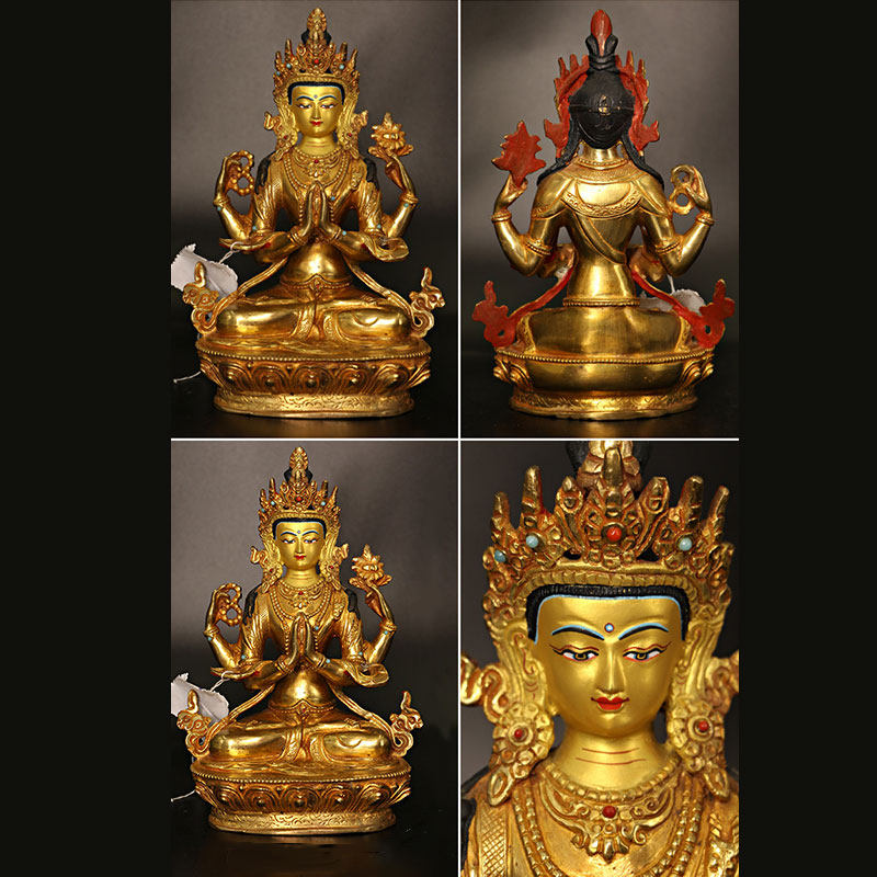 Buddha Stones Bodhisattva Tara Chenrezig Vierarmige Avalokitesvara Beschermingsbeeldje van koper en verguld goud. - image 7