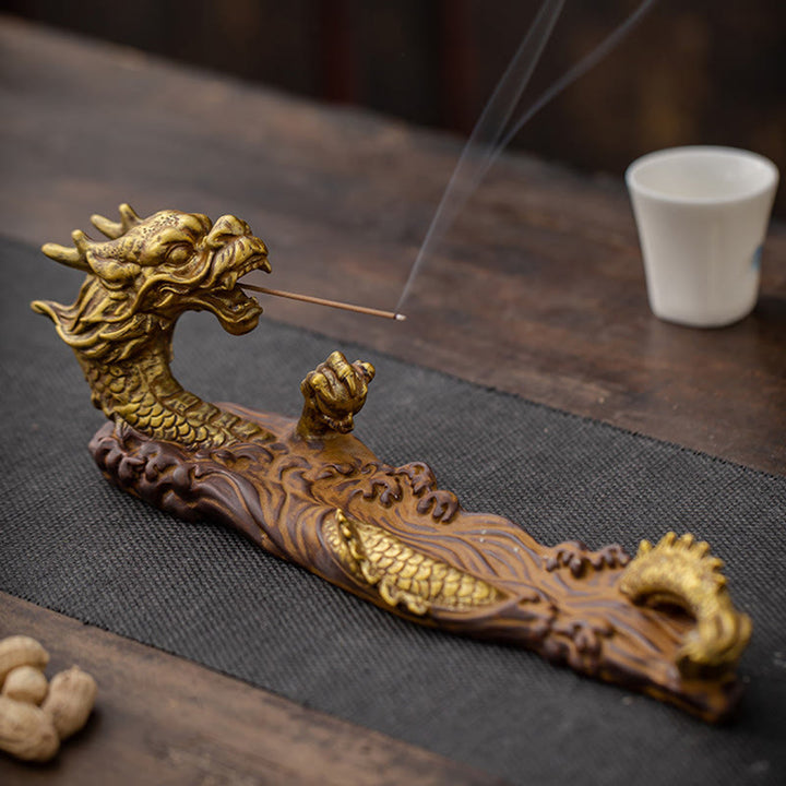Buddha Stones Keramische Wierook met draak als beschermingsdecoratie - Goudbruin - image 0