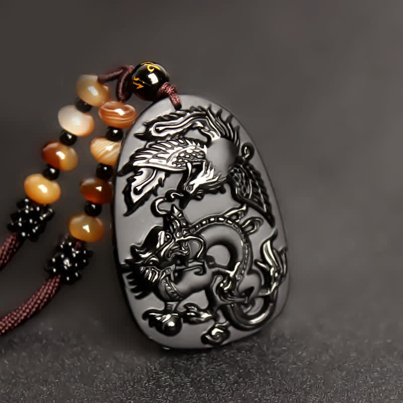 Buddha Stones Zwarte obsidiaan tijgeroog draak feniks bescherming kralen Ketting hanger - image 1