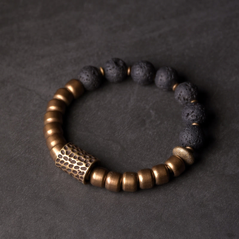 Buddha Stones Lavasteen, regenboogobsidiaan, messing, ondersteunende en helende Armband - Lavasteen en messing - 17-17,5 cm - image 0
