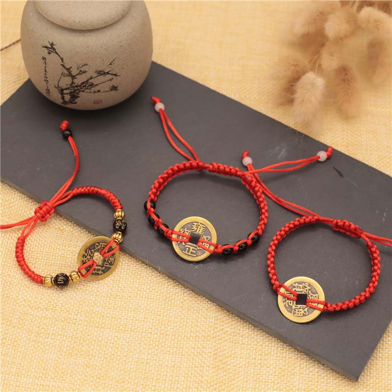 Buddha Stones Koperen munt geluksarmband met rood Armband - image 7