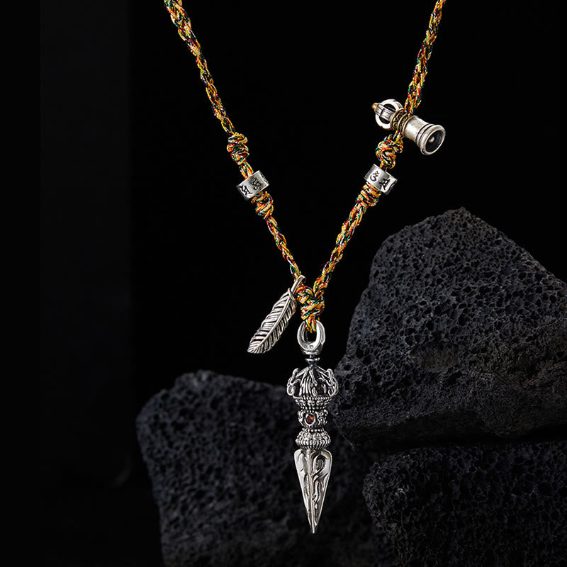 Buddha Stones Handgemaakte Tibetaanse kettinghanger van 925 sterling zilver met Dorje Vajra Om Mani Padme Hum veermotief Ketting van kracht. - image 1