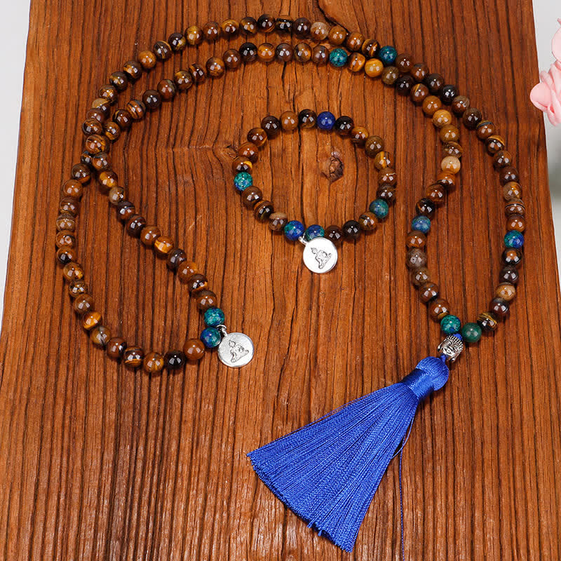 Buddha Stones 108 Mala kralen Tijgeroog Boeddha Kracht Armband Kwastje Ketting Hanger - image 1