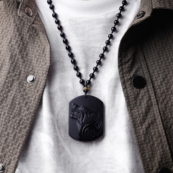 Buddha Stones Ketting met wolfmotief van zwarte obsidiaansteen - image 4