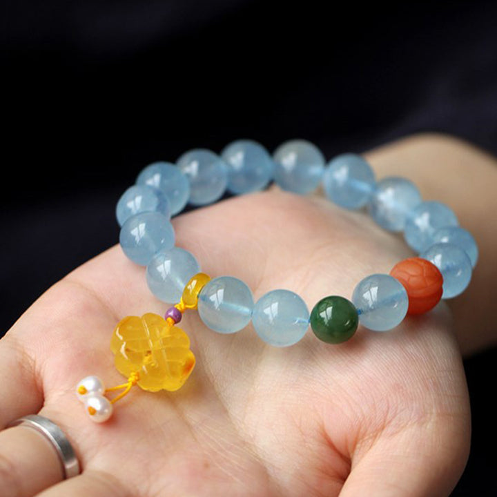 Buddha Stones Natuurlijke aquamarijn barnsteen Chinese knoop bedel Armband - image 4