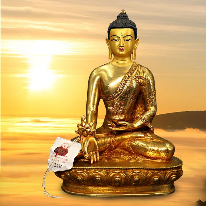 Buddha Stones Boeddha Shakyamuni, Medicijn Boeddha, Mededogen, Beeldje van Koper en Verguld - image 1