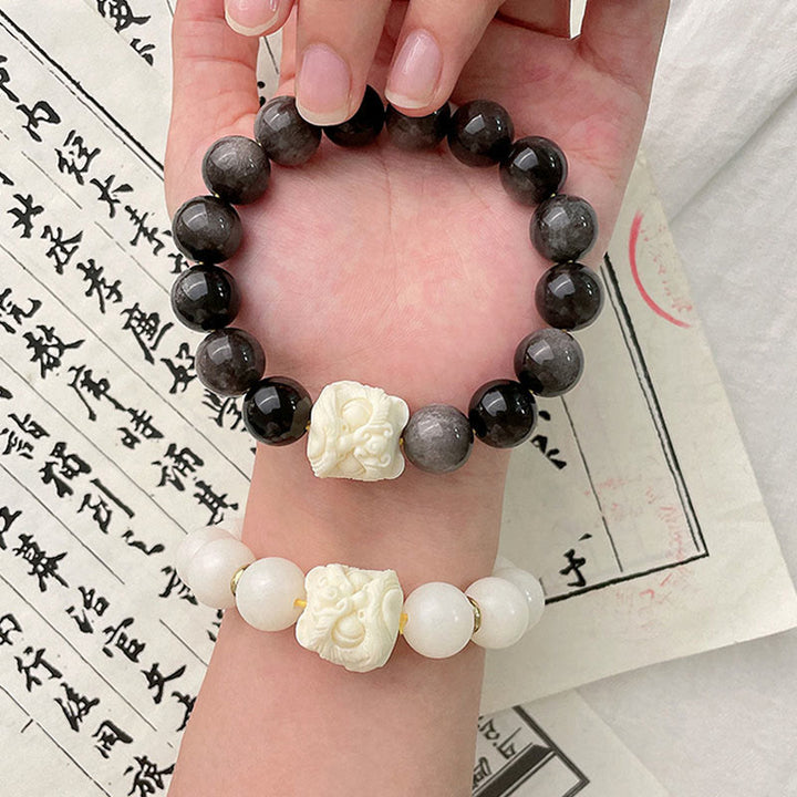 Buddha Stones Zilveren Obsidiaan Bodhizaad Ivoor Fruit Dansende Leeuw Armband - image 3
