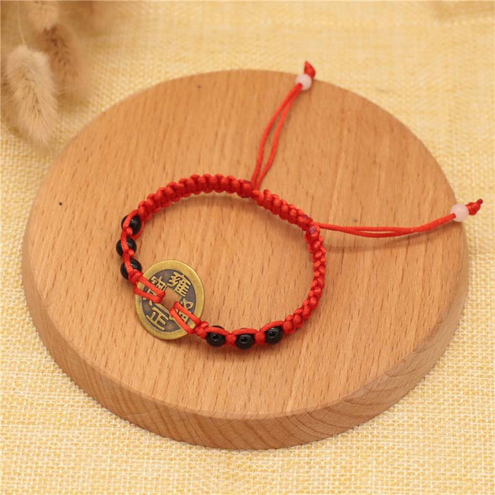 Buddha Stones Koperen munt geluksarmband met rood Armband - Zwarte kralen en koperen munt (Armband 14-20 Maat ) - image 4