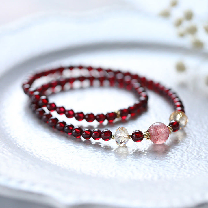 Buddha Stones 14K vergulde Armband met natuurlijke granaat en aardbeikwarts, dubbele wikkelconstructie - image 2