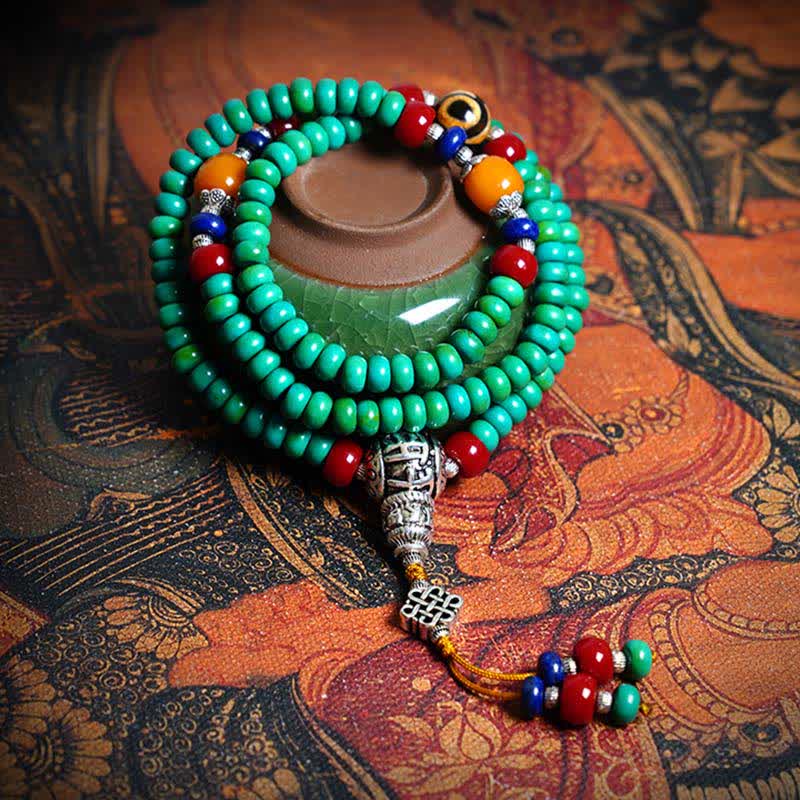 Buddha Stones 108 Mala kralen Tibetaanse turkooizen Dzi kralen Armband - Turkoois - image 0