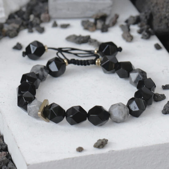 Buddha Stones Zwarte obsidiaan, zwarte glittersteen, Armband - Prismatische kralen - 14-17 cm - image 0