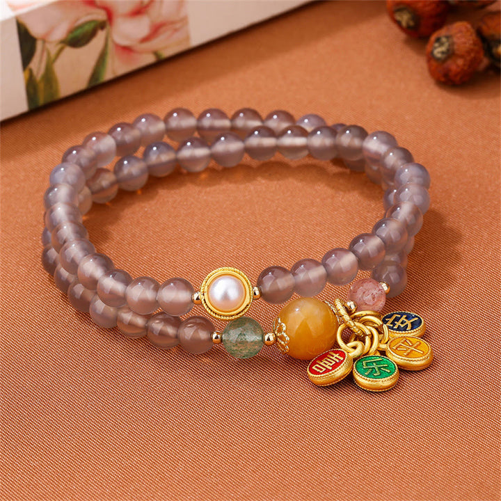 Buddha Stones Natuurlijke grijze agaat vredes- en vreugdebedel balans dubbele Armband - image 2