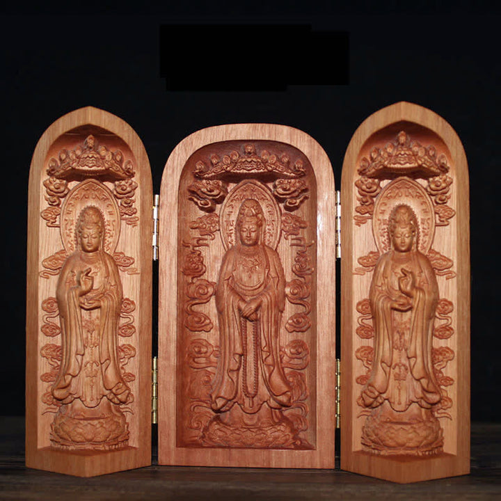 Avalokitesvara Kwan Yin Boeddha Kersenhout Compassie Woondecoratie Altaar - Drie Avalokitesvara - image 6
