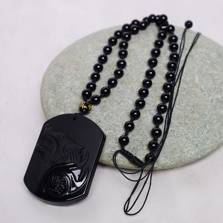 Buddha Stones Ketting met wolfmotief van zwarte obsidiaansteen - image 6