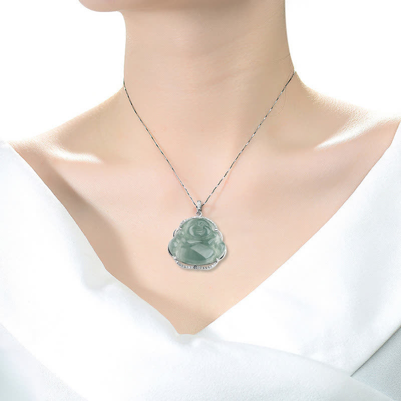 Buddha Stones Laughing Buddha Ketting van natuurlijke jade met hanger van titaniumstaal - image 2