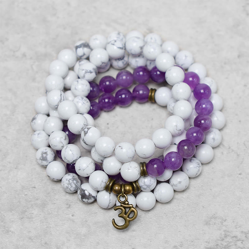 Buddha Stones 108 Mala kralen van amethist en witte turkoois. OM helende meditatie Armband. - image 0