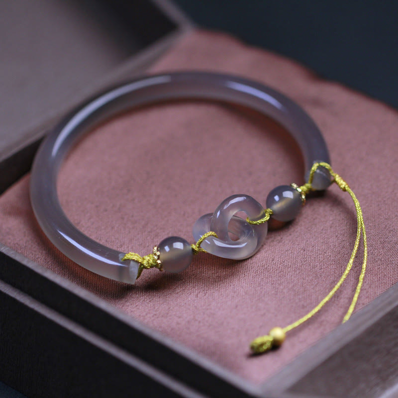 Buddha Stones Natuurlijke grijze agaat Bangle-armband met dubbele vredesgesp - image 2