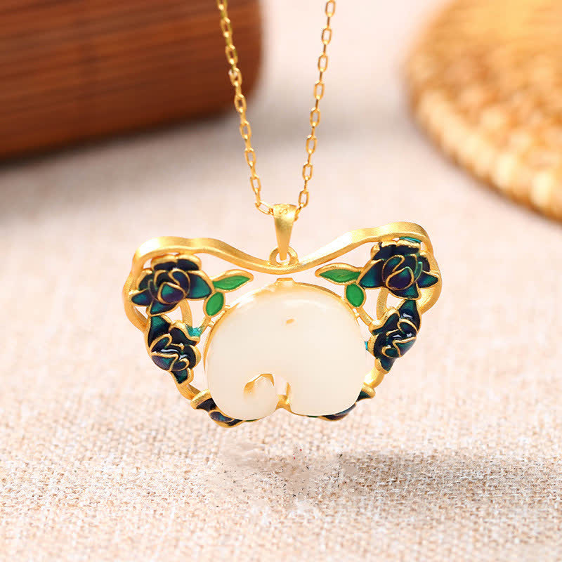 Witte jade olifant, vlinder, lotus, succes Ketting - image 1
