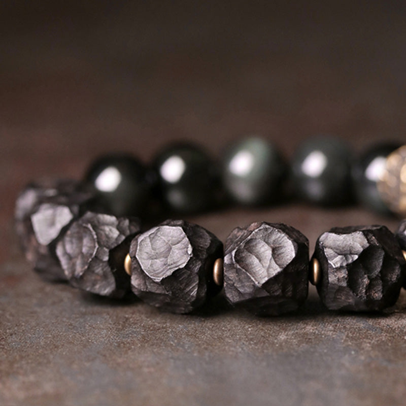 Buddha Stones Armband voor koppels, gemaakt van zwart obsidiaan, ebbenhout en koper. - image 5