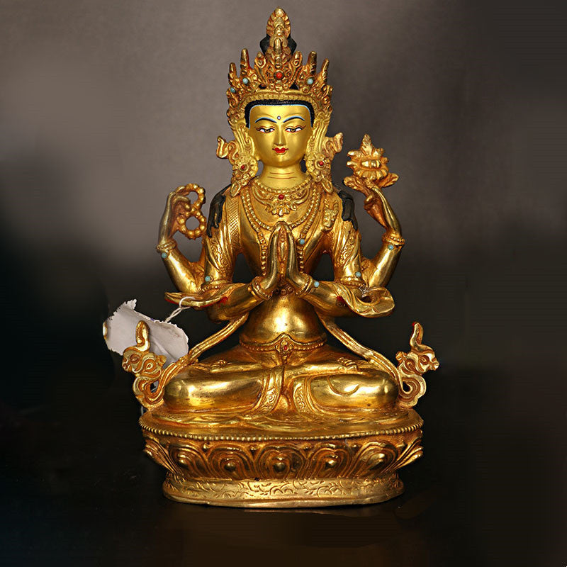 Buddha Stones Bodhisattva Tara Chenrezig Vierarmige Avalokitesvara Beschermingsbeeldje van koper en verguld goud. - image 5