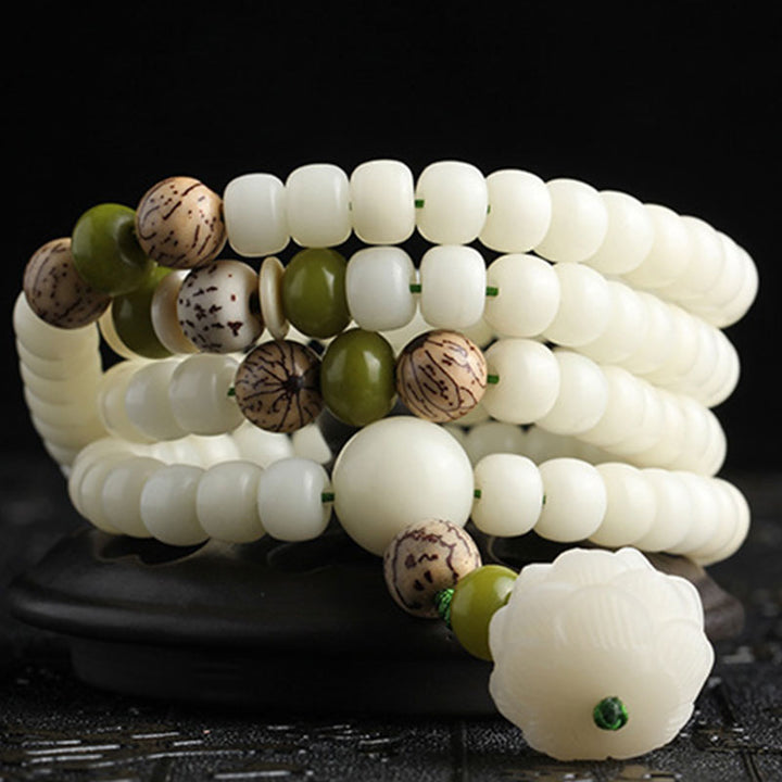 Buddha Stones Witte jade Bodhi Lotus Mala Harmonie Ketting en Armband - image 12