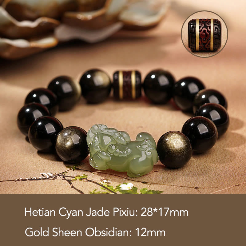 Buddha Stones Natuurlijke goudglans obsidiaan Hetian cyaan jade witte jade PiXiu rijkdom Armband - Goudglans Obsidiaan Cyaan Jade PiXiu-12mm (Heren) - image 2