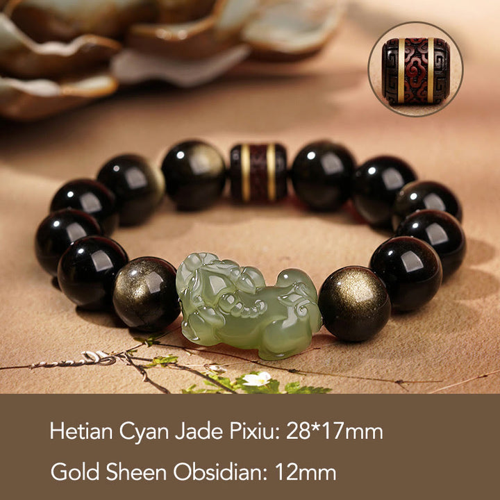 Buddha Stones Natuurlijke goudglans obsidiaan Hetian cyaan jade witte jade PiXiu rijkdom Armband - Goudglans Obsidiaan Cyaan Jade PiXiu-12mm (Heren) - image 2