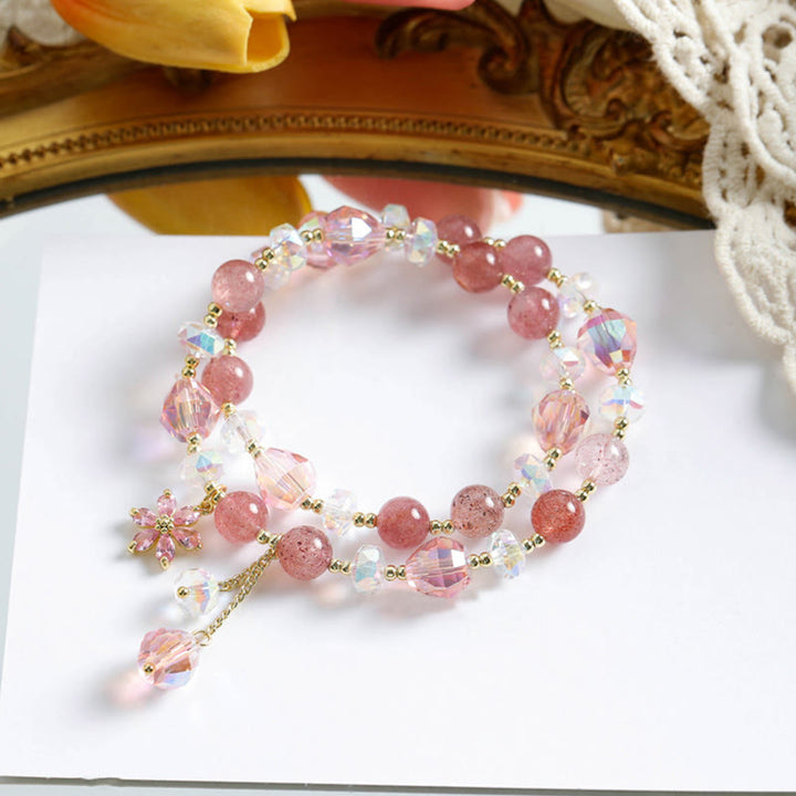 Buddha Stones Aardbeikwarts Zirkoon Bloem Helende Dubbele Armband - Aardbeikwarts (Liefde♥Genezing) - image 0