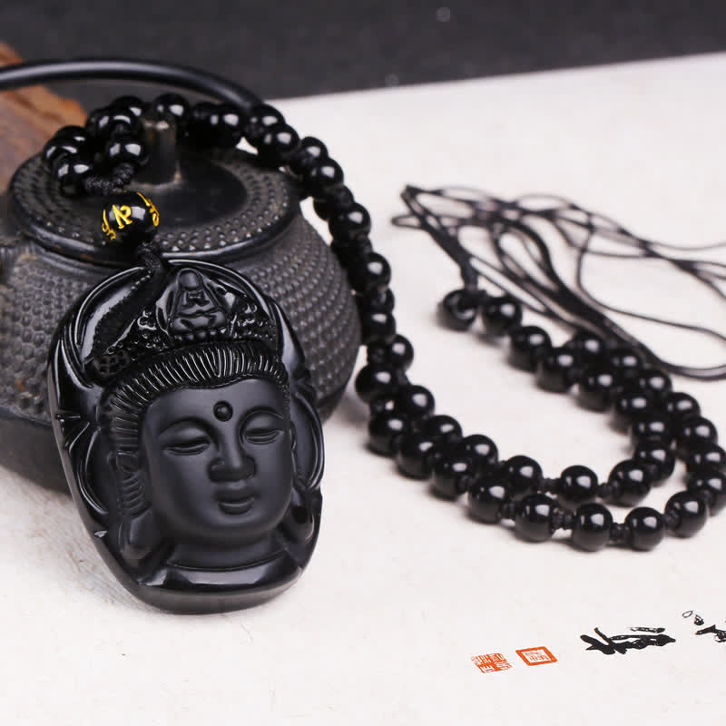 Buddha Stones Natuurlijke zwarte obsidiaan Kwan Yin Avalokitesvara kracht Ketting - Zwarte Obsidiaan (Zuivering♥Transformatie) - image 0