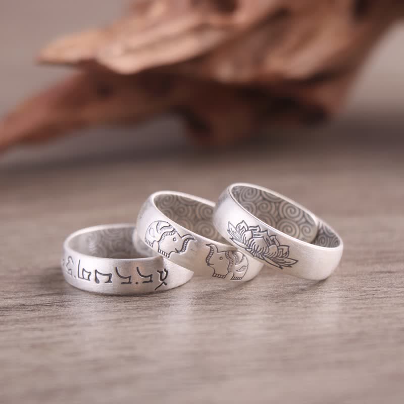Buddha Stones Ring van 999 sterling zilver met lotusbloem en olifant, met zes ware woorden als zegen. - image 0