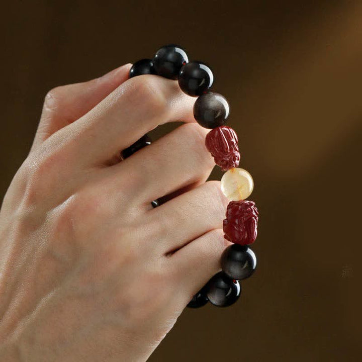 Buddha Stones Gouden glans obsidiaan PiXiu cinnaber Om Mani Padme Hum Armband - image 7