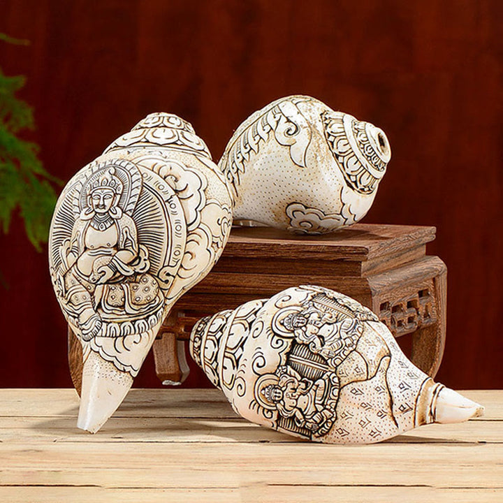 Tibetaanse handgemaakte gegraveerde Shankha Boeddha Avalokitesvara Conch Shell rijkdom decoratie - image 1