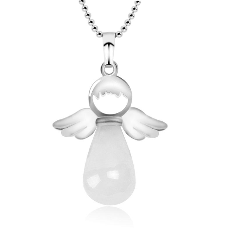 Buddha Stones Kettinghanger met kleine engelenvleugels van natuurlijk kristal, Ketting voor geluk. - Witte kristal - image 0