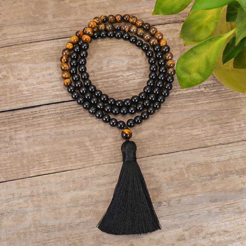 Buddha Stones Tibetaanse zwarte onyx tijgeroog Ketting Mala set - image 2