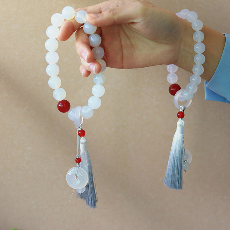 Buddha Stones Witte agaat, rode agaat, Pols Mala met kwastjes, Mala, autodecoratie - image 3
