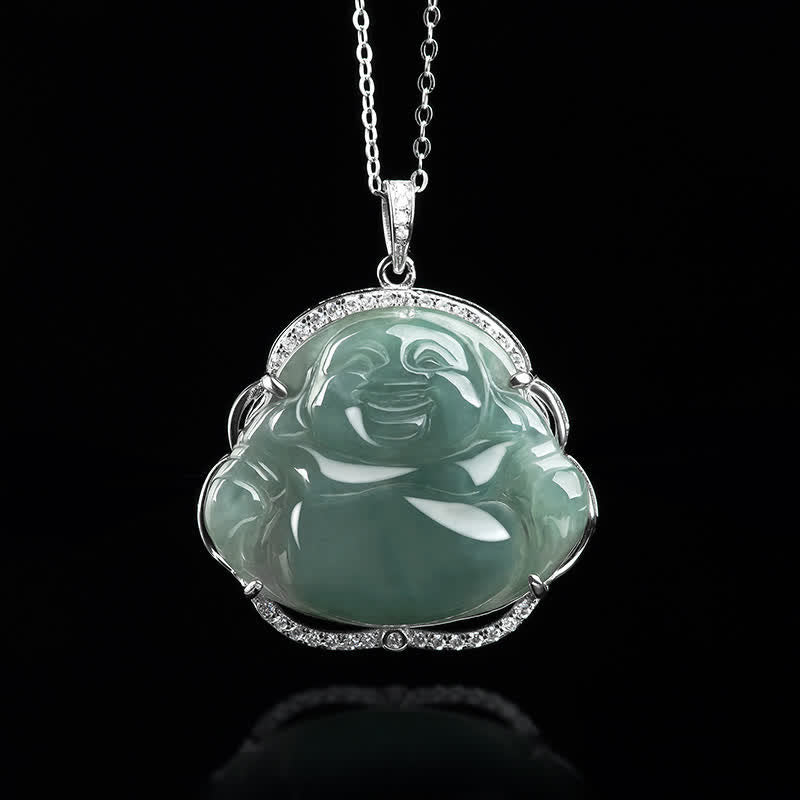 Buddha Stones Laughing Buddha Ketting van natuurlijke jade met hanger van titaniumstaal - image 3