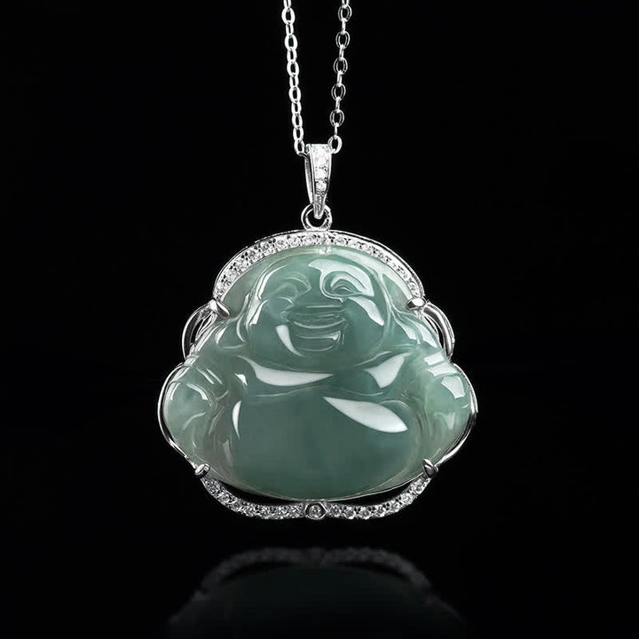 Buddha Stones Laughing Buddha Ketting van natuurlijke jade met hanger van titaniumstaal - image 3