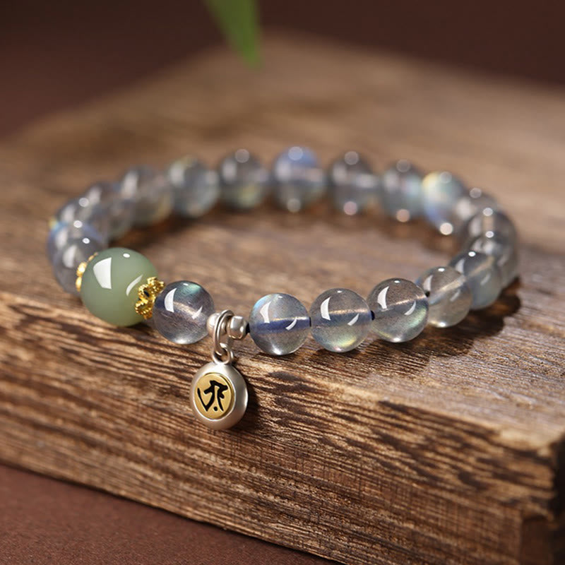 Buddha Stones Chinese dierenriem geboorte Boeddha 925 sterling zilveren Armband met natuurlijke maansteen en Hetian jade. - Hond/Varken - Amitabha Boeddha (Polsomtrek 15,5-16 cm) - image 0