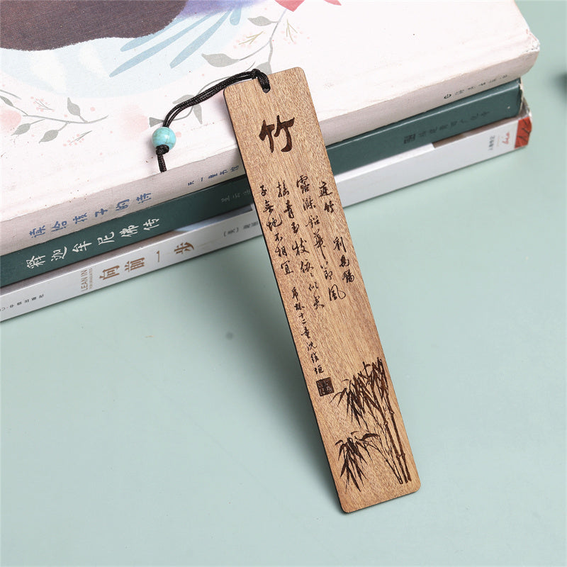 Buddha Stones Houten Bladwijzers met pruimenorchidee, bamboe en chrysantmotief, inclusief geschenkdoos. - Bamboe-Phoebe Zhennan Hout - image 3