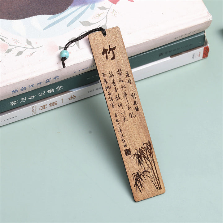 Buddha Stones Houten Bladwijzers met pruimenorchidee, bamboe en chrysantmotief, inclusief geschenkdoos. - Bamboe-Phoebe Zhennan Hout - image 3