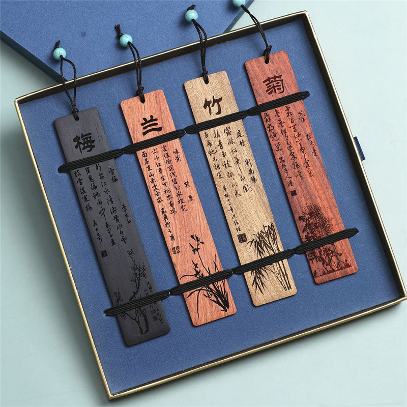 Buddha Stones Houten Bladwijzers met pruimenorchidee, bamboe en chrysantmotief, inclusief geschenkdoos. - 4 stuks pruimorchidee bamboechrysant - image 6