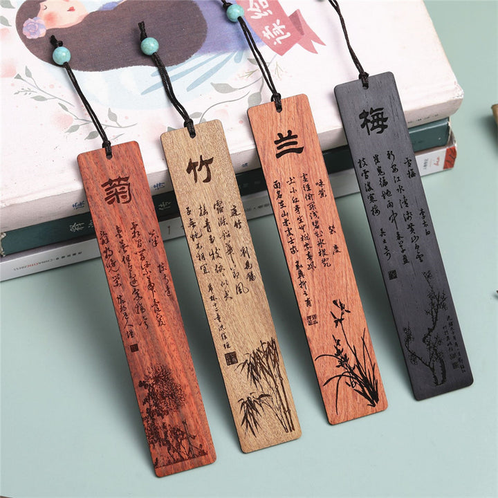 Buddha Stones Houten Bladwijzers met pruimenorchidee, bamboe en chrysantmotief, inclusief geschenkdoos. - image 0