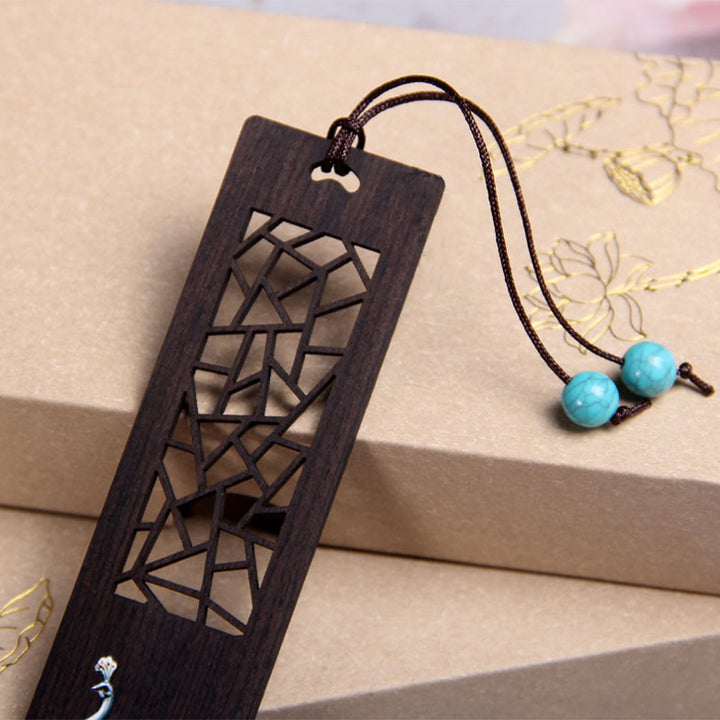Buddha Stones Bladwijzers van ebbenhout met blauwe pauwenprint, inclusief geschenkdoos. - image 3