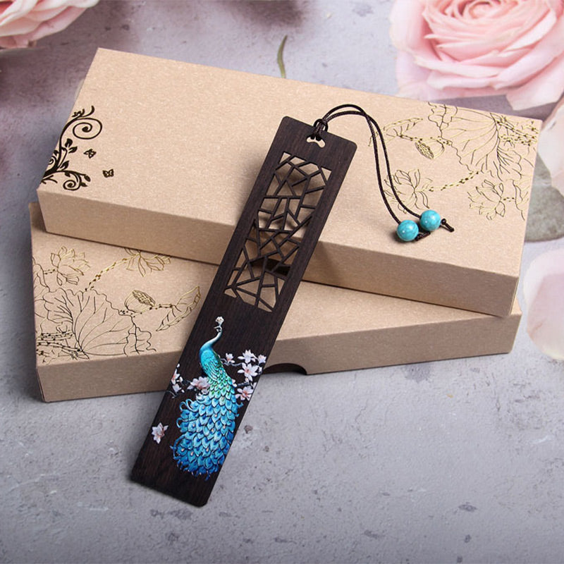 Buddha Stones Bladwijzers van ebbenhout met blauwe pauwenprint, inclusief geschenkdoos. - image 2