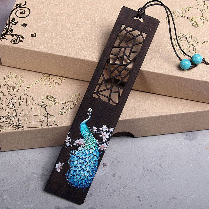 Buddha Stones Bladwijzers van ebbenhout met blauwe pauwenprint, inclusief geschenkdoos. - Blauwe pauw - image 0