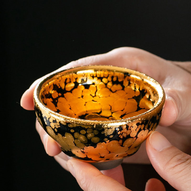 Buddha Stones 24-karaats gouden theekopje met stippenpatroon, Chinese Jianzhan keramische theekop, Kung Fu Theekopje, theekom met geschenkdoos - image 1